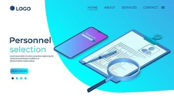 Personnel selection.Clipboard paper questionnaire and mobile magnifier as a symbol of the search for personnel.The concept of finding the best employees.Isometric vector illustration.