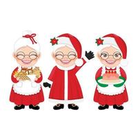 Set of Mrs.Claus Vector isolated on white background. Cute Santa Wife Cartoon Character with cake, holding bakery basket, waving and greeting. For Christmas cards, banners, tags and labels.