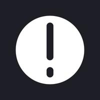 Warning dark mode glyph ui icon. Exclamation mark in circle. Pay attention. User interface design. White silhouette symbol on black space. Solid pictogram for web, mobile. Vector isolated illustration