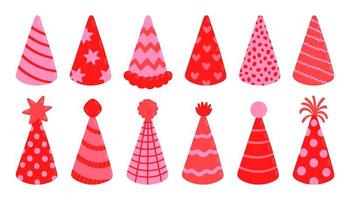 Birthday party hats set, pink color different shapes. Vector illustration