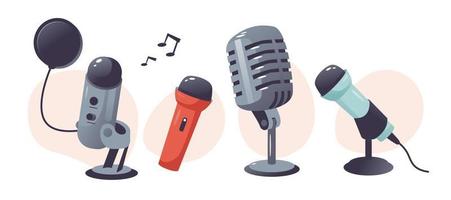 un conjunto de diferentes micrófonos. micrófonos para podcast y grabación de sonido, canto, karaoke. ilustración vectorial de dibujos animados aislada en un fondo blanco vector