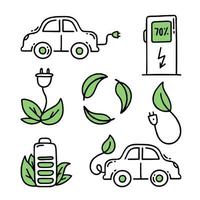 Set elements Electric car. Electric refueling. Co2 climate change concept green energy.  Vector isolated doodle