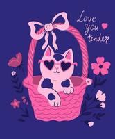 Valentine's day card with a cat sitting in a basket. Vector graphics.