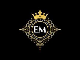 Letter EM Antique royal luxury victorian logo with ornamental frame. vector