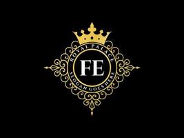 Letter FE Antique royal luxury victorian logo with ornamental frame. vector