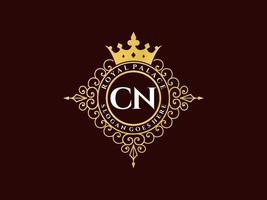 Letter CN Antique royal luxury victorian logo with ornamental frame. vector