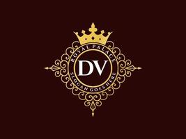 Letter DV Antique royal luxury victorian logo with ornamental frame. vector