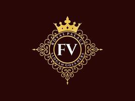 Letter FV Antique royal luxury victorian logo with ornamental frame. vector