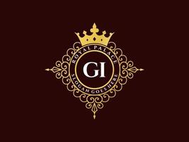 Letter GI Antique royal luxury victorian logo with ornamental frame. vector