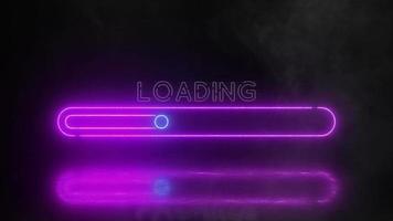 Ultraviolet glowing neon loading progress bar icon with smoke or fog effect. Bar uploading led sign with flashing light and reflection on wet floor on a black background. Abstract banner animation 4k. video