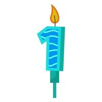 Birthday candles with numbers one and fire. Colored icon for anniversary or party celebration. Holiday candlelight with wax and funny cartoon candle for cake. Vector illustration