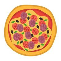 iconos de vista superior de pizza. comida italiana con tomate y queso aislado sobre fondo blanco. delicioso menú para un restaurante con queso, champiñones e ingredientes de carne. ilustración de vector de comida redonda