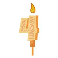 Birthday candles with numbers four and fire. Colored icon for anniversary or party celebration. Holiday candlelight with wax and funny cartoon candle for cake. Vector illustration