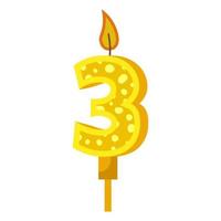 Birthday candles with numbers three and fire. Colored icon for anniversary or party celebration. Holiday candlelight with wax and funny cartoon candle for cake. Vector illustration