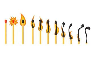 Burning match animation and flame ignite wooden stick. Matchstick fire sequence isolated icon set. Cartoon burnt step and element motion effect. Row flammable animated loading vector illustration