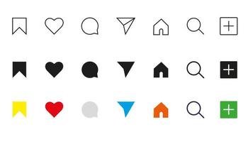 Mobile application button icons. Set of outlined, solid and color mobile application icons. Vector icons.