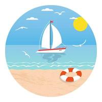 Summer logo with a sailing yacht and a lifebuoy on the beach. Summer beach illustration. Vector stock illustration.