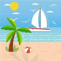 Summer illustration with sailing yacht and palm tree on the beach. Summer beach illustration. Vector stock illustration.