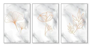 Abstract decorative background poster with ginkgo, flower and branch with leaves in boho style on a marble background. Vector poster.