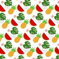 Watermelon, pineapple with monstera leaves seamless pattern. Bright colorful seamless pattern. Vector pattern.