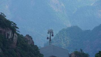 The beautiful mountains landscapes with the green forest and the climbing cable car as background on the mountains photo