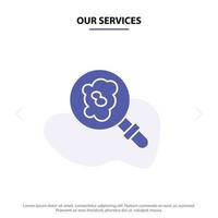 Our Services Search Research Pollution Solid Glyph Icon Web card Template vector