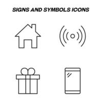 Minimalistic outline signs drawn in flat style. Editable stroke. Vector line icon set with symbols of house, wi fi, giftbox, smartphone