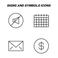 Minimalistic outline signs drawn in flat style. Editable stroke. Vector line icon set with symbols of megaphone, calendar, envelope, dollar