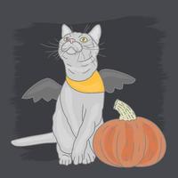 gato con alas y calabaza en la oscuridad vector