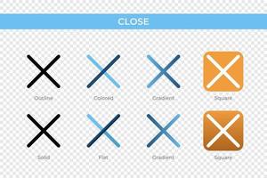 icono de cierre en un estilo diferente. cerrar iconos vectoriales diseñados en contorno, sólido, coloreado, degradado y estilo plano. símbolo, ilustración de logotipo. ilustración vectorial vector