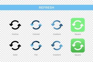 Refresh icon in different style. Refresh vector icons designed in outline, solid, colored, gradient, and flat style. Symbol, logo illustration. Vector illustration