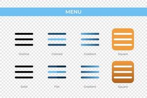 menu icon in different style. menu vector icons designed in outline, solid, colored, gradient, and flat style. Symbol, logo illustration. Vector illustration