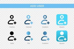 Add User icon in different style. Add User vector icons designed in outline, solid, colored, gradient, and flat style. Symbol, logo illustration. Vector illustration