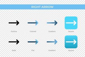 right arrow icon in different style. right arrow vector icons designed in outline, solid, colored, gradient, and flat style. Symbol, logo illustration. Vector illustration