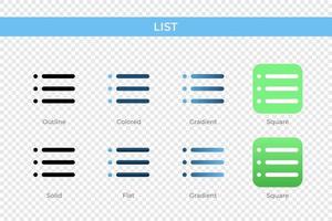 icono de lista en un estilo diferente. lista de iconos vectoriales diseñados en contorno, sólido, coloreado, degradado y estilo plano. símbolo, ilustración de logotipo. ilustración vectorial vector