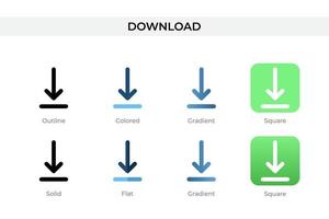 Download icon in different style. Download vector icons designed in outline, solid, colored, gradient, and flat style. Symbol, logo illustration. Vector illustration