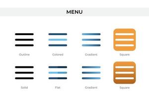 icono de menú en un estilo diferente. iconos vectoriales de menú diseñados en contorno, sólido, coloreado, degradado y estilo plano. símbolo, ilustración de logotipo. ilustración vectorial vector
