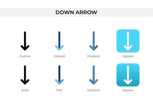 down arrow icon in different style. down arrow vector icons designed in outline, solid, colored, gradient, and flat style. Symbol, logo illustration. Vector illustration