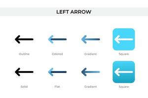 left arrow icon in different style. left arrow vector icons designed in outline, solid, colored, gradient, and flat style. Symbol, logo illustration. Vector illustration