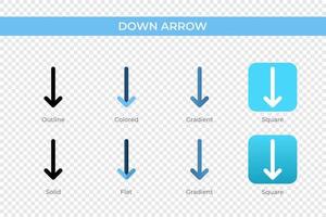 down arrow icon in different style. down arrow vector icons designed in outline, solid, colored, gradient, and flat style. Symbol, logo illustration. Vector illustration