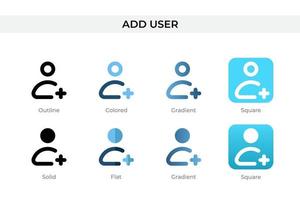 agregue el icono de usuario en un estilo diferente. agregue iconos de vector de usuario diseñados en estilo de contorno, sólido, coloreado, degradado y plano. símbolo, ilustración de logotipo. ilustración vectorial