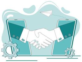 Signing a contract online.Handshake on the background of a signed contract.The concept of a contract, transaction, and business negotiations.Flat vector illustration.