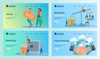 A set of landing page templates.Big sale, banking operations, business negotiations.Templates for use in mobile app development.Flat vector illustration.