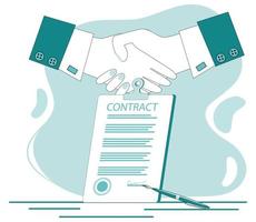 Signing contract.Handshake on the background of a signed contract.The concept of a contract, transaction, and business negotiations.Flat vector illustration.