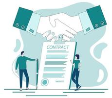 Contract conclusion.Handshake on the background of a signed contract.The concept of a contract, transaction, and business negotiations.Flat vector illustration.