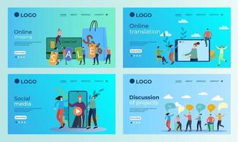 A set of landing page templates.Online sale, online broadcast, social media, negotiations.Templates for use in mobile app development.Flat vector illustration.