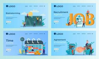 A set of landing page templates.Brainstorming, recruitment,time is money,the signing of the contract.Templates for use in mobile app development.Flat vector illustration.