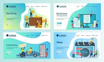 A set of landing page templates.Banking operations, business management, time management, carsharing.Templates for use in mobile app development.Flat vector illustration.