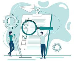 Data retrieval.People use a magnifying glass to search and analyze data.Teamwork and office activities.Flat vector illustration.