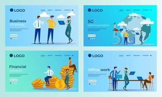 A set of landing page templates.Business strategy, 5G communication, financial control, office work.Templates for use in mobile app development.Flat vector illustration.